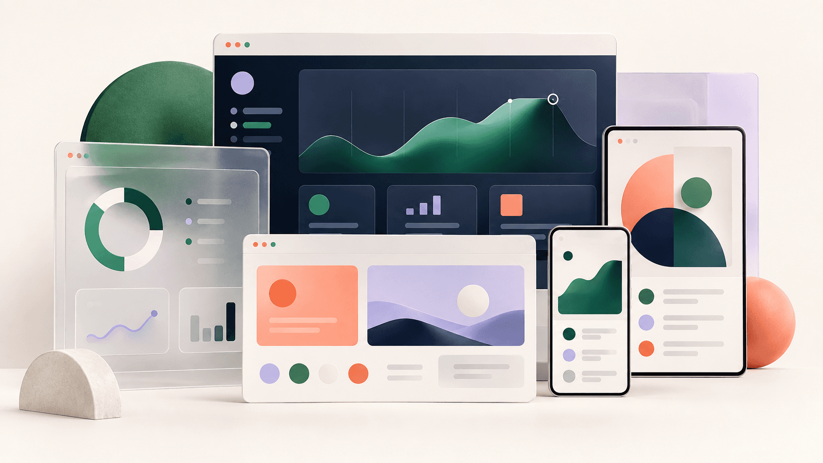 Abstract collage of digital product and website interfaces